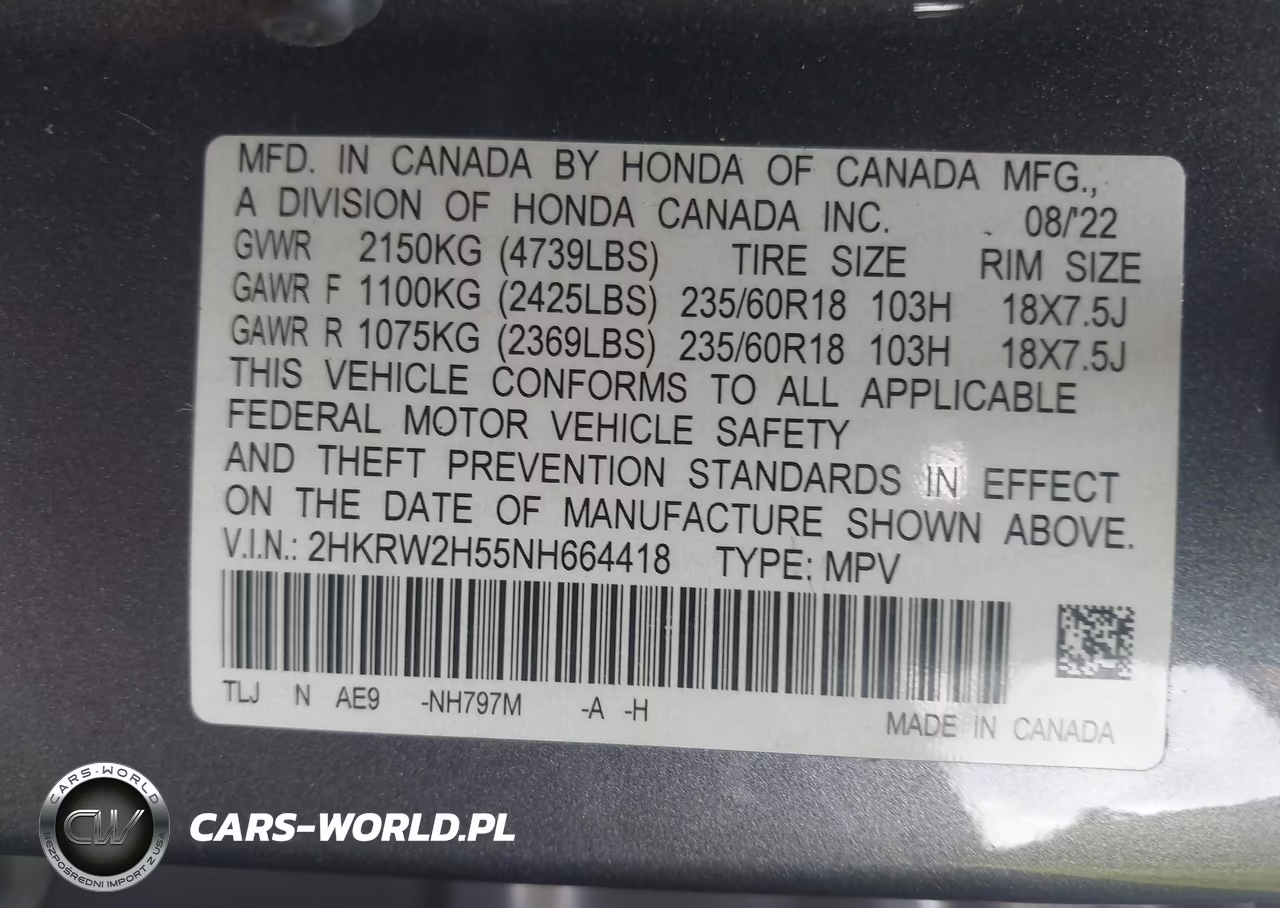 2022 Honda Cr-V Awd Ex VIN:2HKRW2H55NH664418 - 9