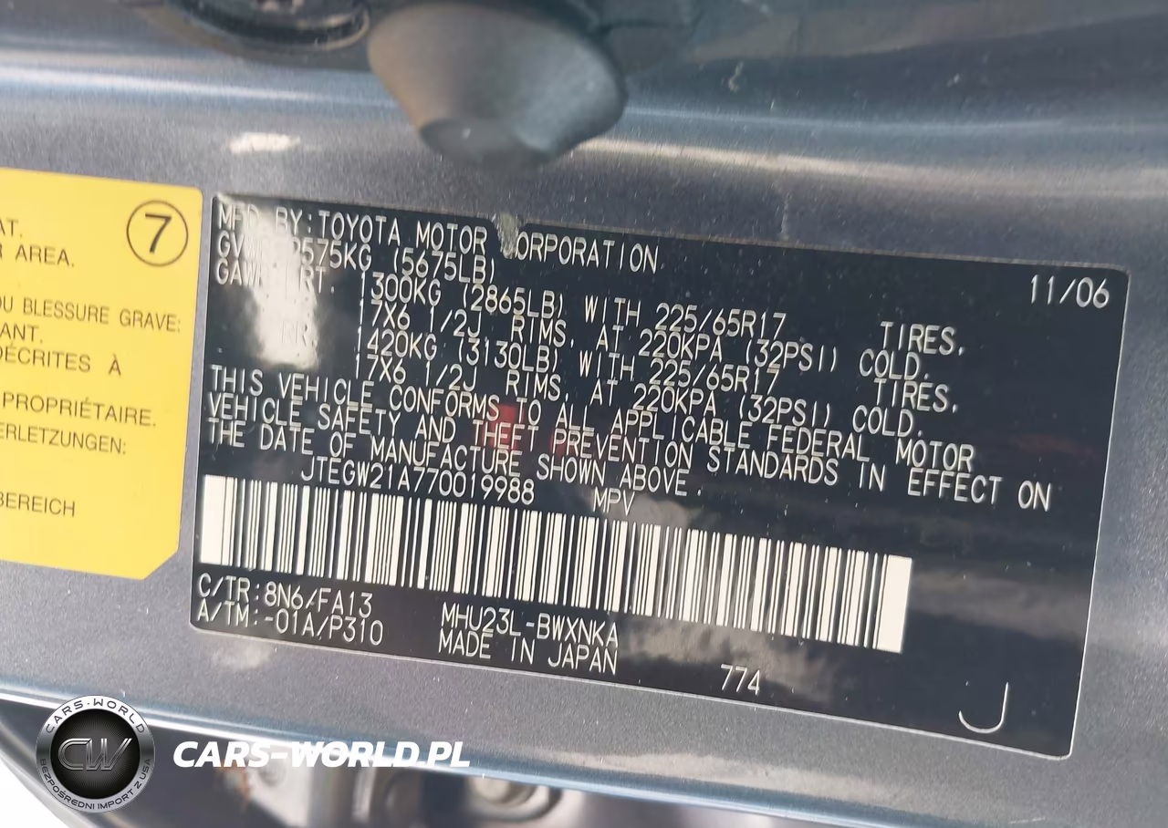 2007 Toyota Highlander Hybrid V6 (2 Rows) (Cvt-E) VIN:JTEGW21A770019988 - 9