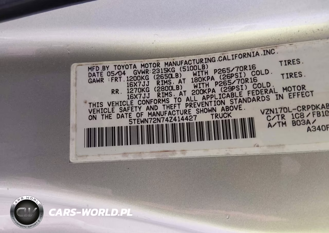 2004 Toyota Tacoma Base V6 VIN:5TEWN72N74Z414427 - 9