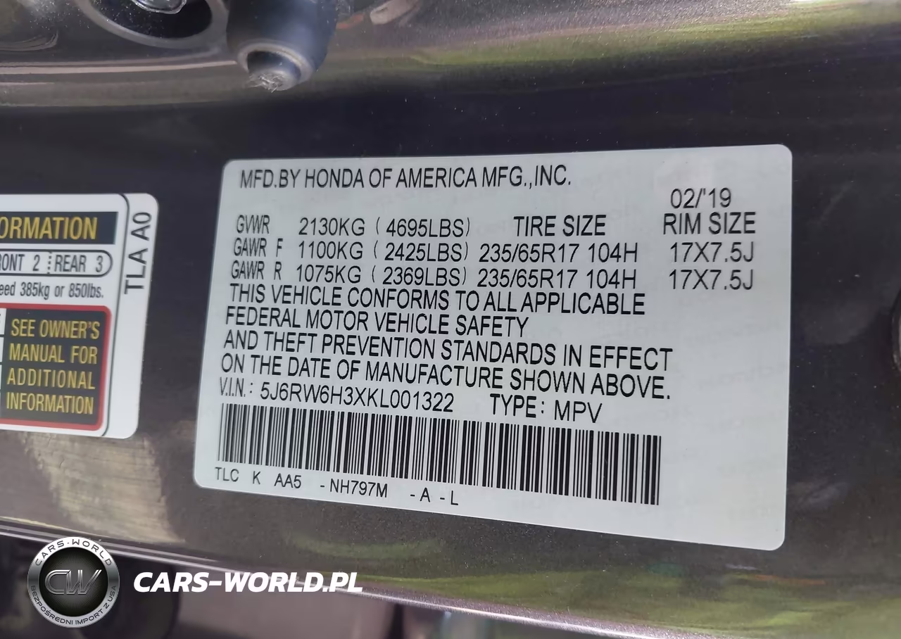 2019 Honda Cr-V Lx VIN:5J6RW6H3XKL001322 - 9