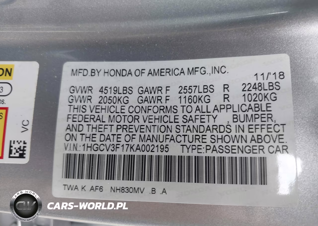 2019 Honda Accord Hybrid VIN:1HGCV3F17KA002195 - 9