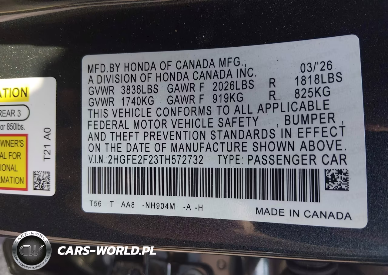 2026 Honda Civic Lx VIN:2HGFE2F23TH572732 - 9