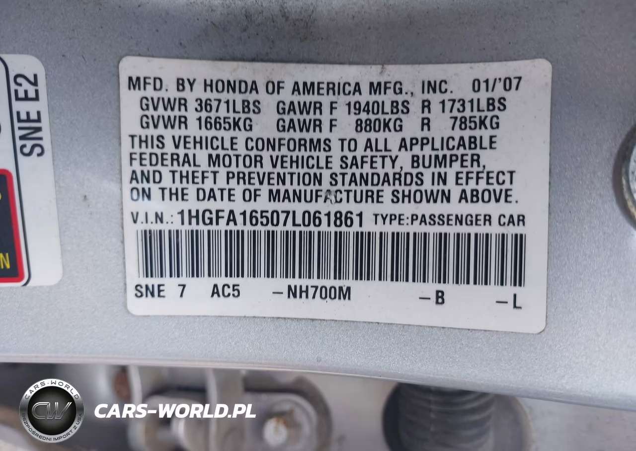 2007 Honda Civic Lx VIN:1HGFA16507L061861 - 9
