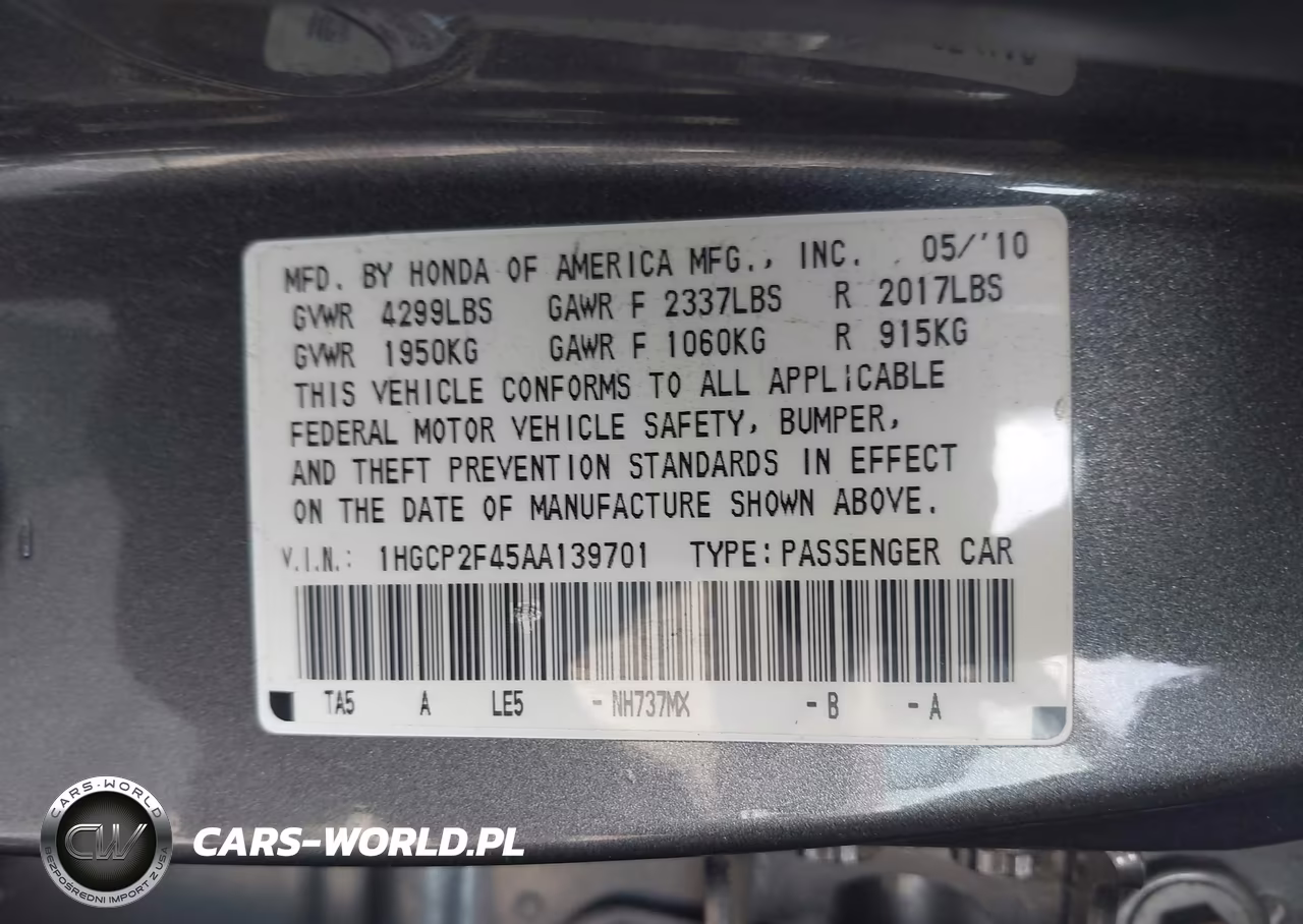 2010 Honda Accord 2.4 Lx-P VIN:1HGCP2F45AA139701 - 9