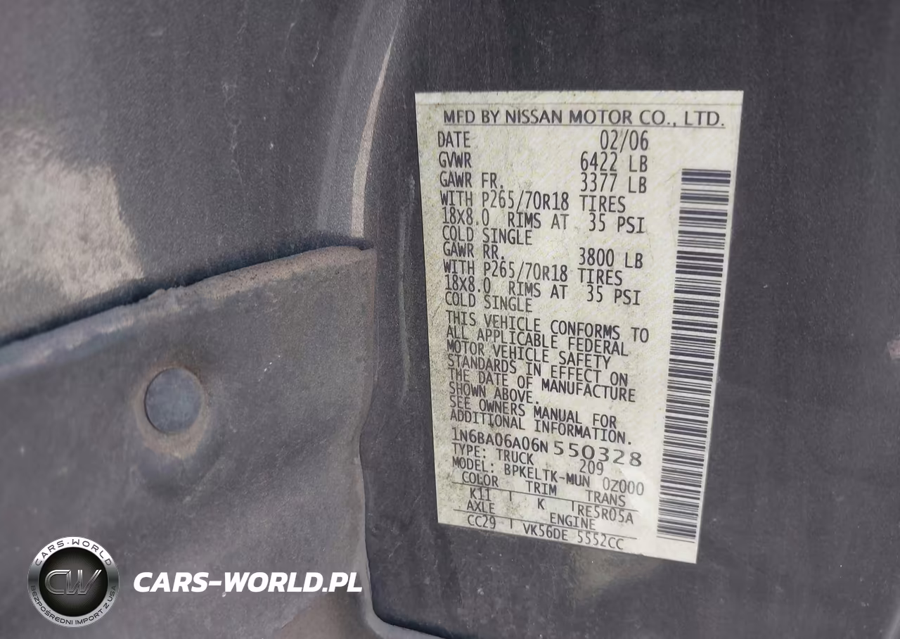 2006 Nissan Titan Se VIN:1N6BA06A06N550328 - 9