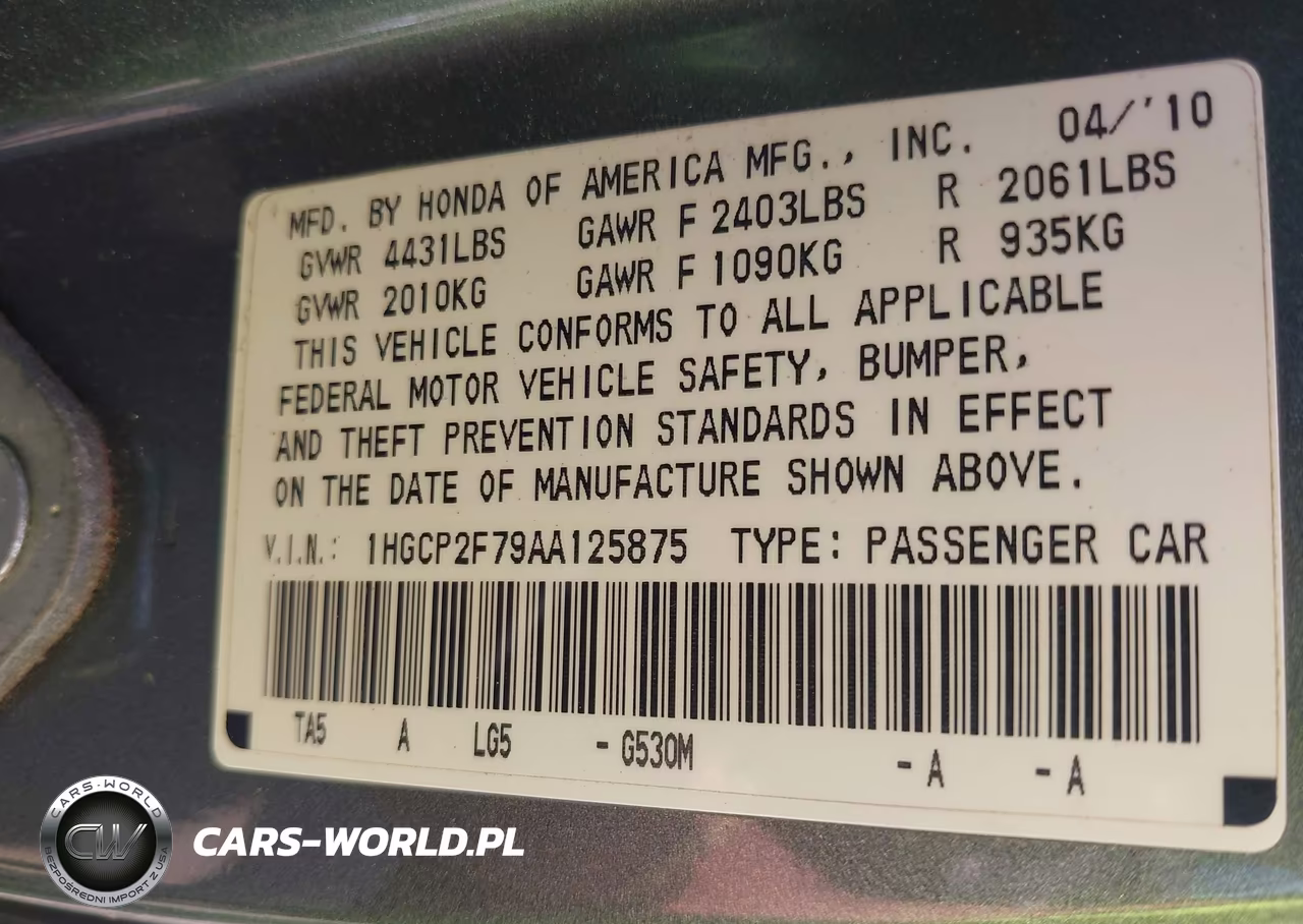 2010 Honda Accord 2.4 Ex VIN:1HGCP2F79AA125875 - 9