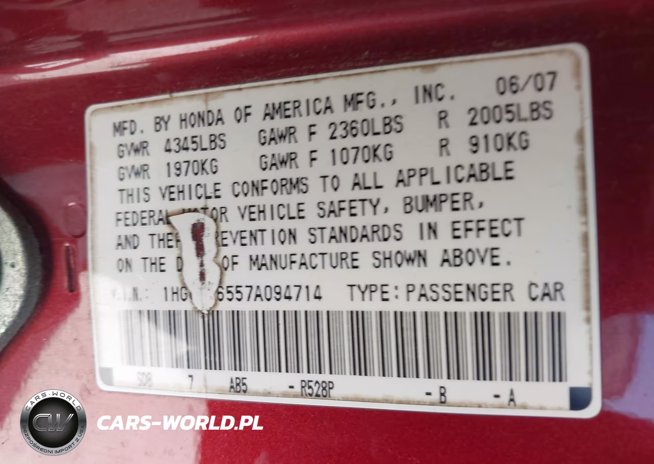 2007 Honda Accord 3.0 Ex VIN:1HGCM66557A094714 - 9