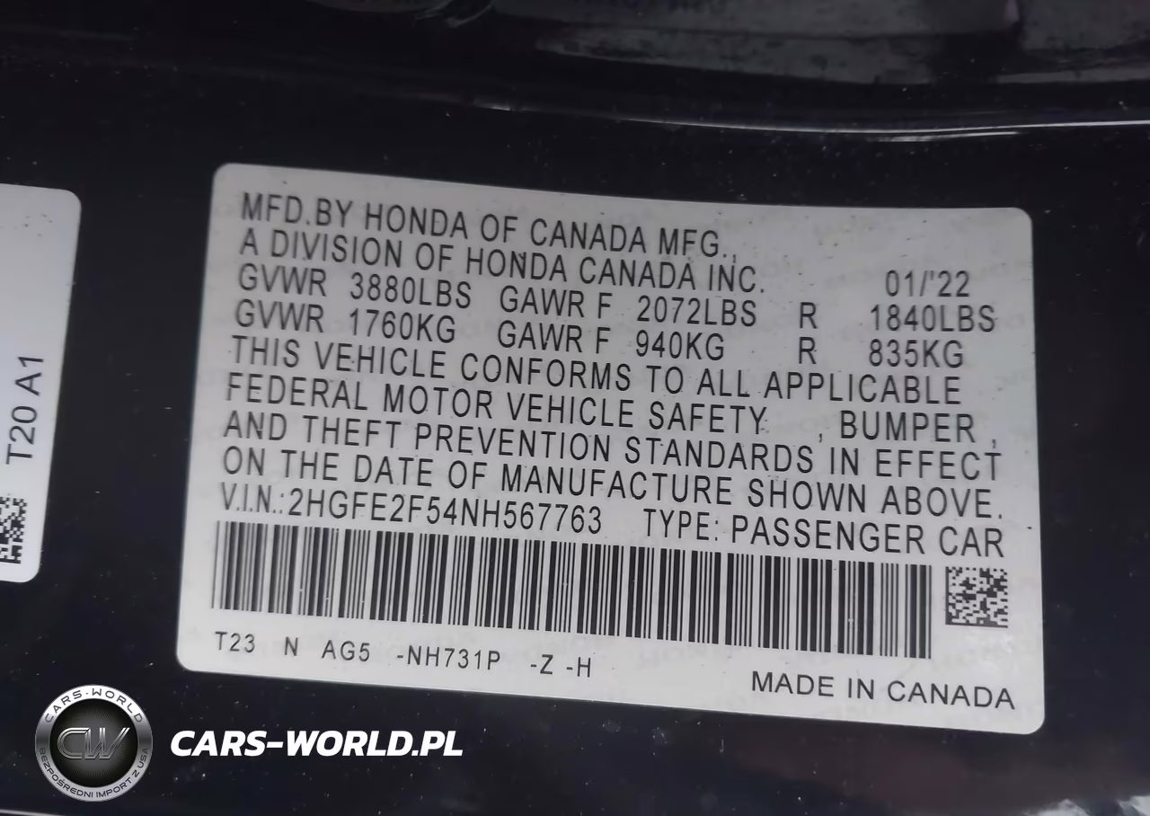 2022 Honda Civic Sport VIN:2HGFE2F54NH567763 - 9