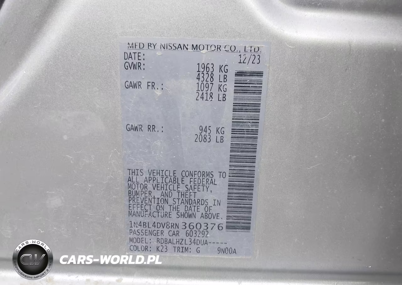 2024 Nissan Altima Sv Fwd VIN:1N4BL4DV8RN360376 - 9