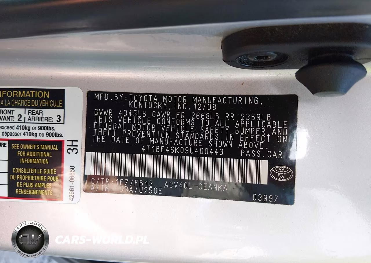 2009 Toyota Camry Le VIN:4T1BE46K09U400443 - 9
