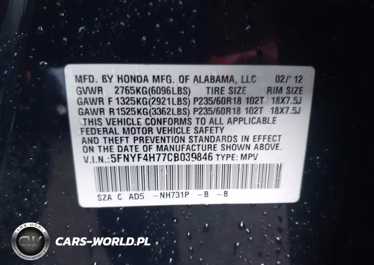 2012 Honda Pilot Ex-L VIN:5FNYF4H77CB039846 - 9