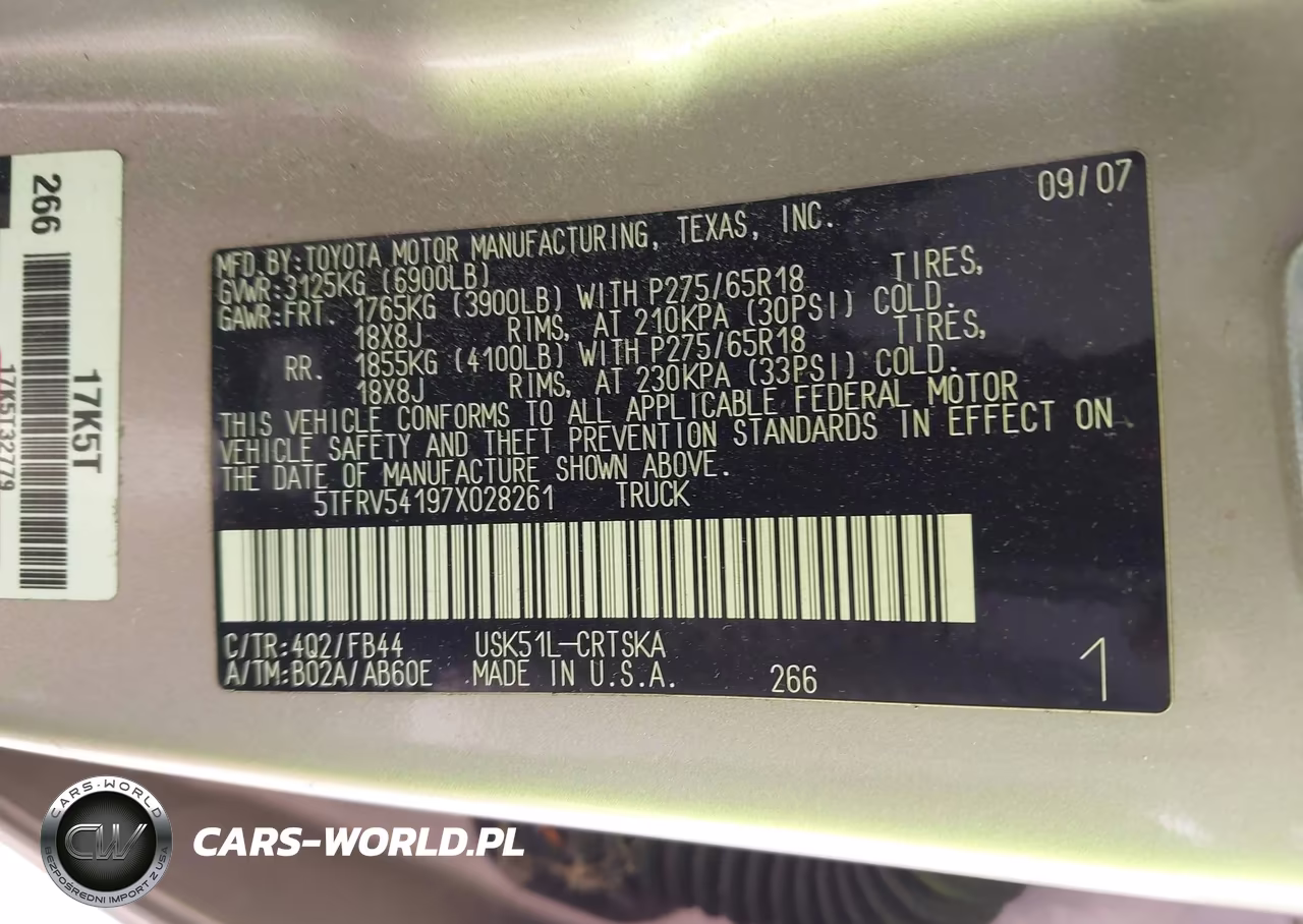 2007 Toyota Tundra Sr5 V8 VIN:5TFRV54197X028261 - 9