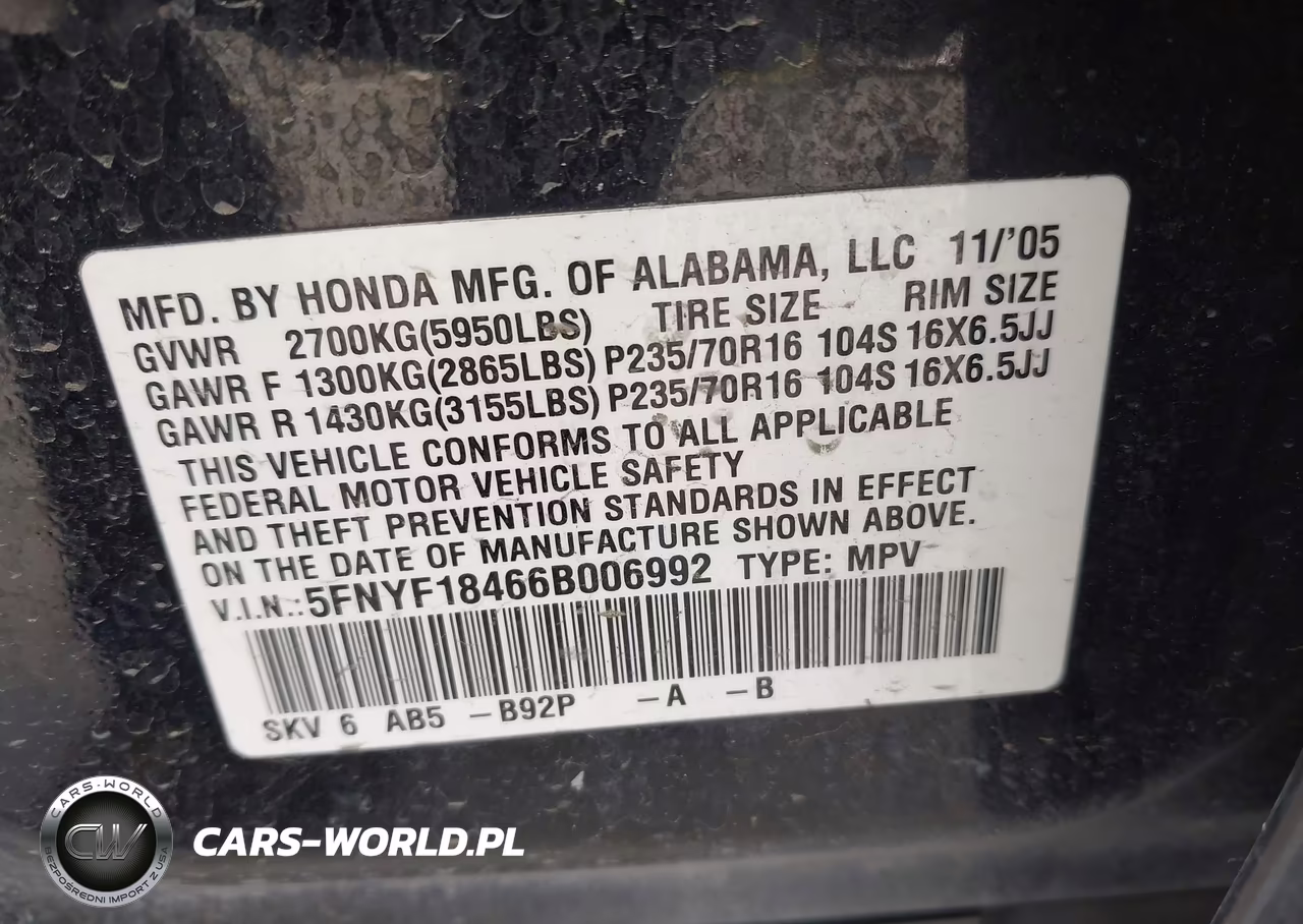 2006 Honda Pilot Ex VIN:5FNYF18466B006992 - 9