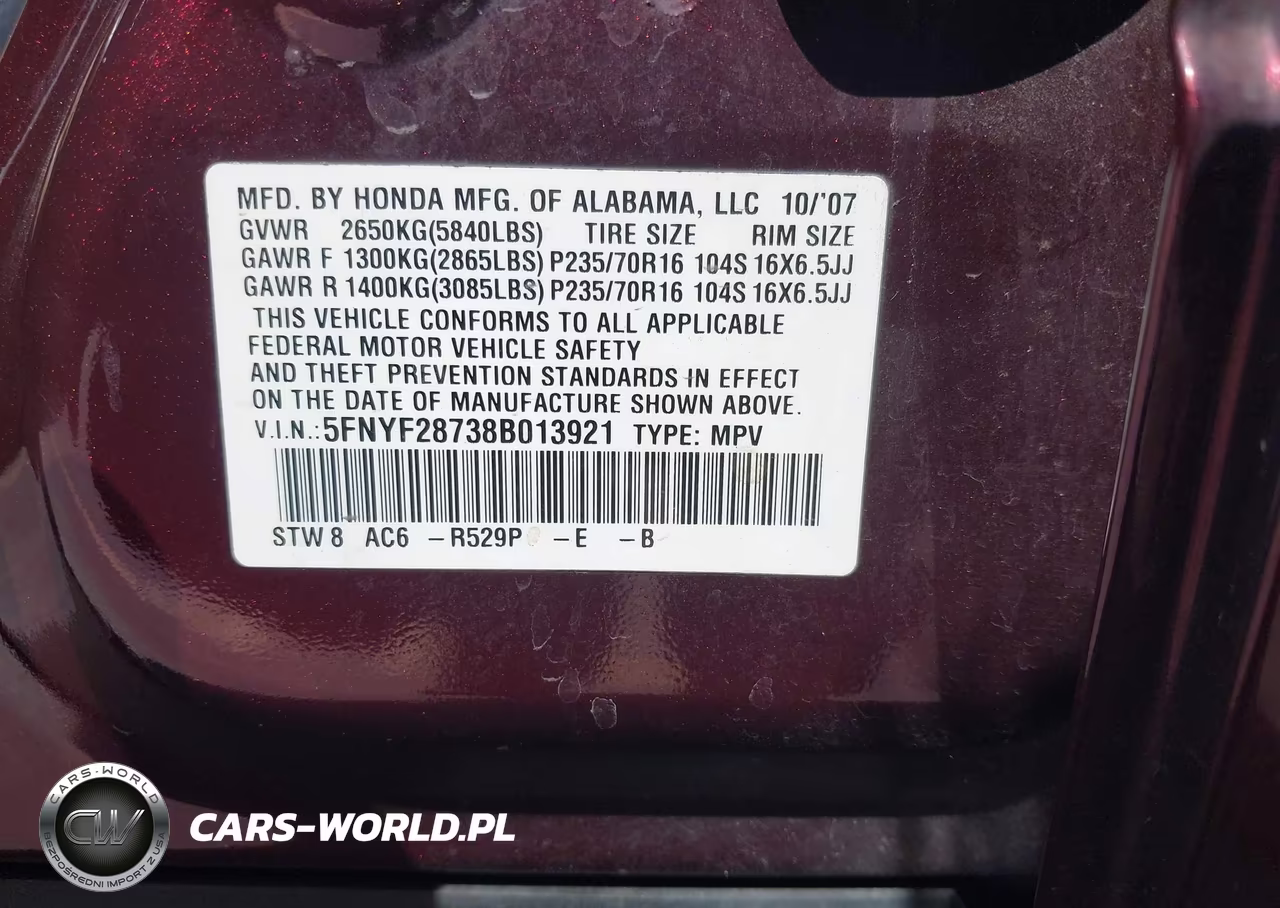 2008 Honda Pilot Ex-L VIN:5FNYF28738B013921 - 9