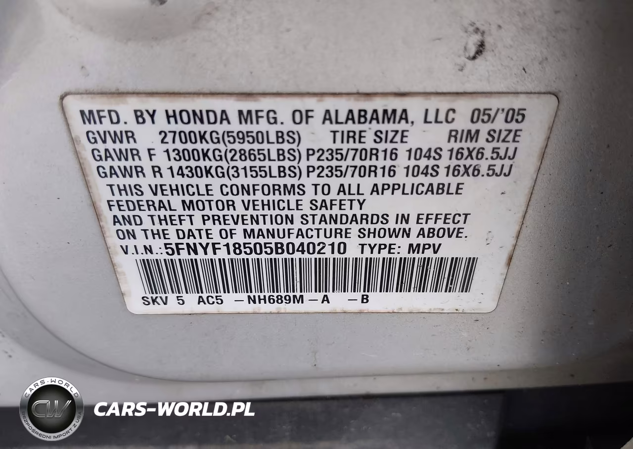 2005 Honda Pilot Ex-L VIN:5FNYF18505B040210 - 9