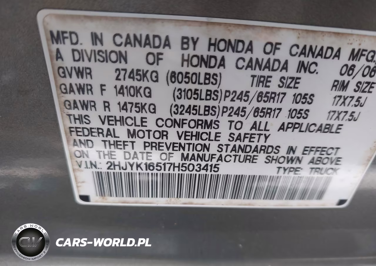 2007 Honda Ridgeline Rtl VIN:2HJYK16517H503415 - 9