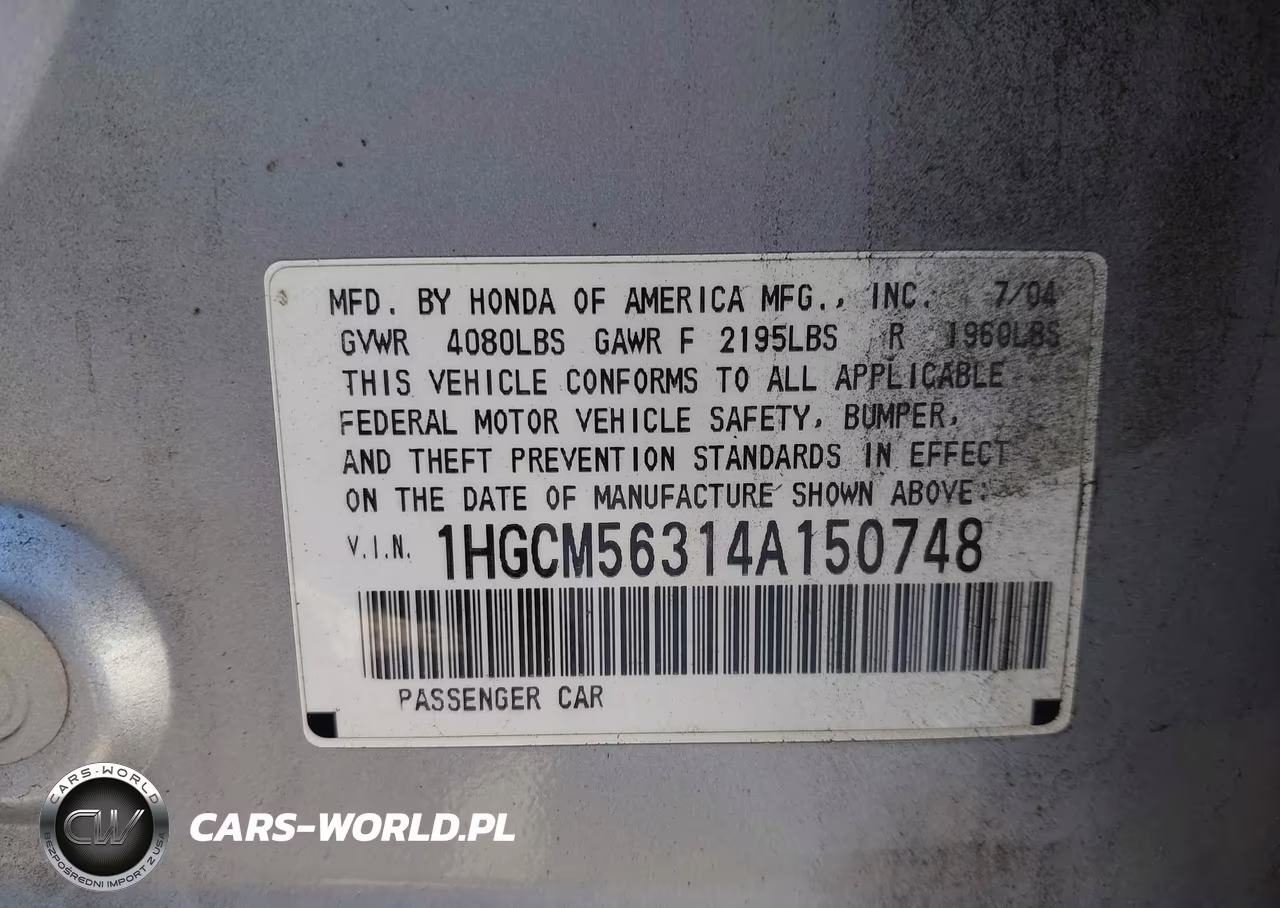 2004 Honda Accord 2.4 Lx VIN:1HGCM56314A150748 - 9