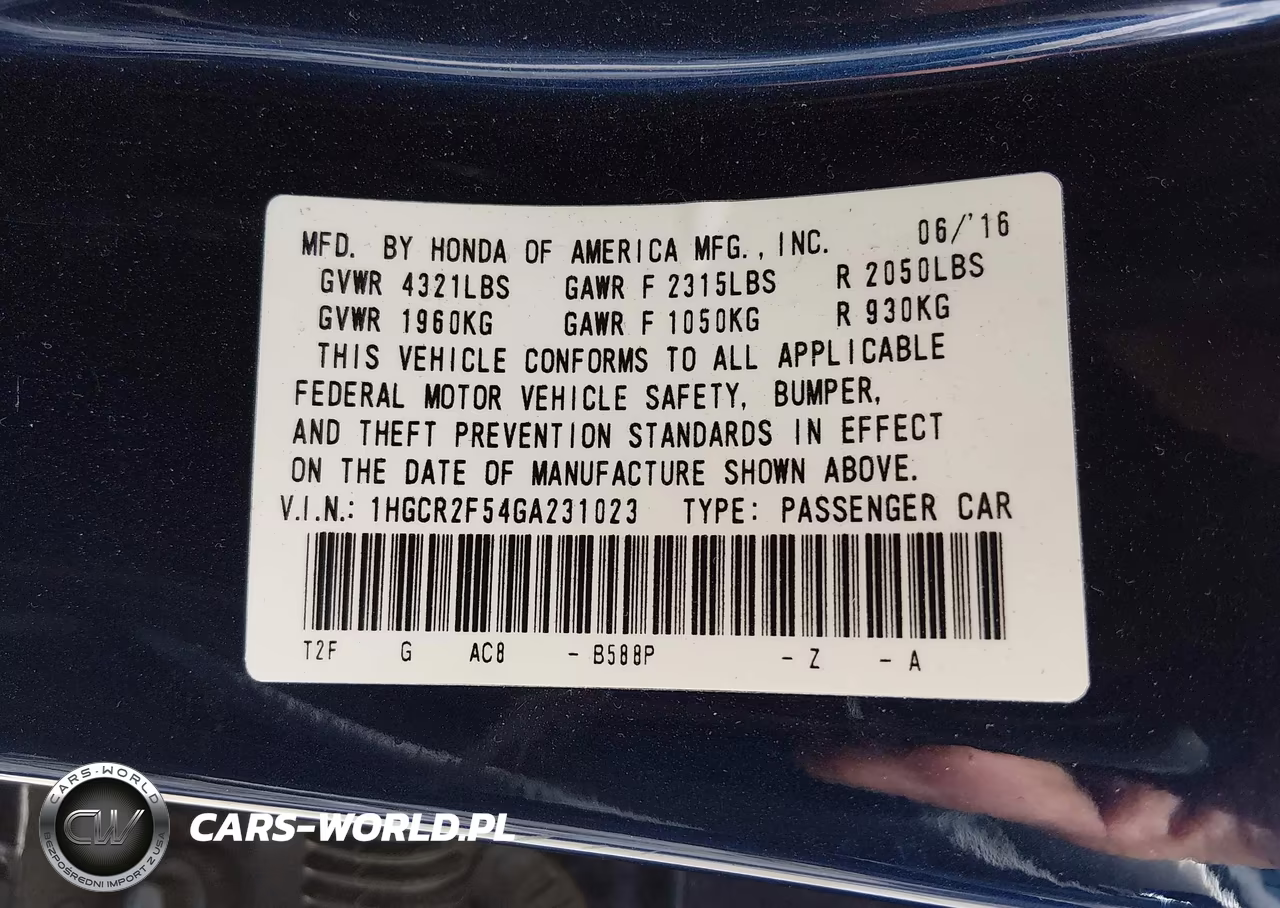 2016 Honda Accord Sport VIN:1HGCR2F54GA231023 - 9