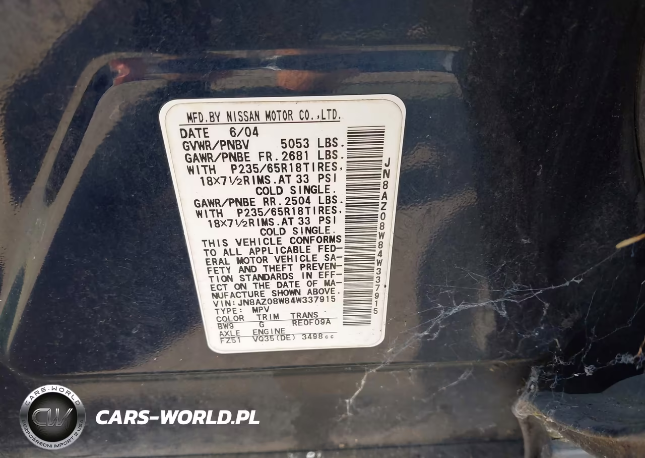 2004 Nissan Murano Sl VIN:JN8AZ08W84W337915 - 9