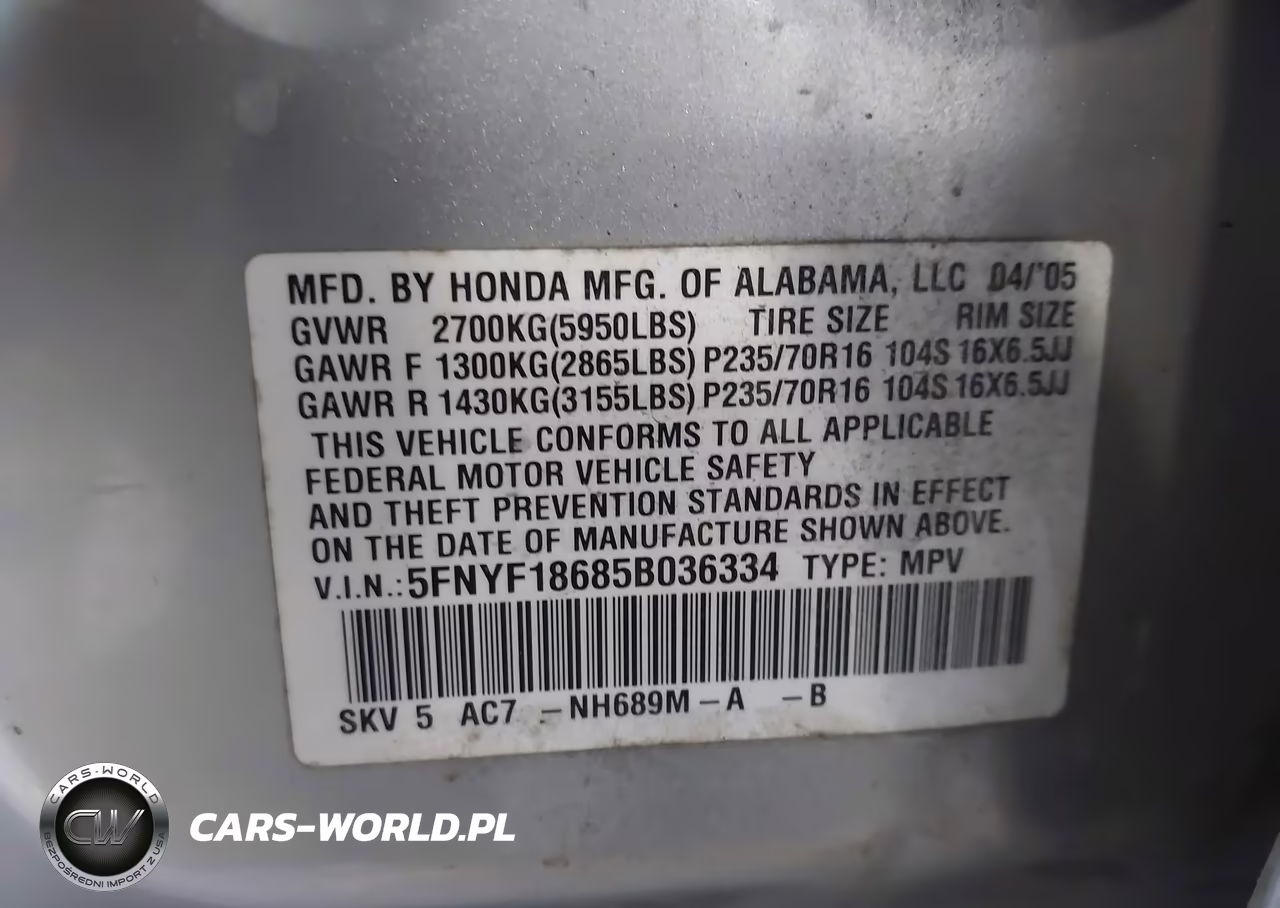 2005 Honda Pilot Ex-L VIN:5FNYF18685B036334 - 9