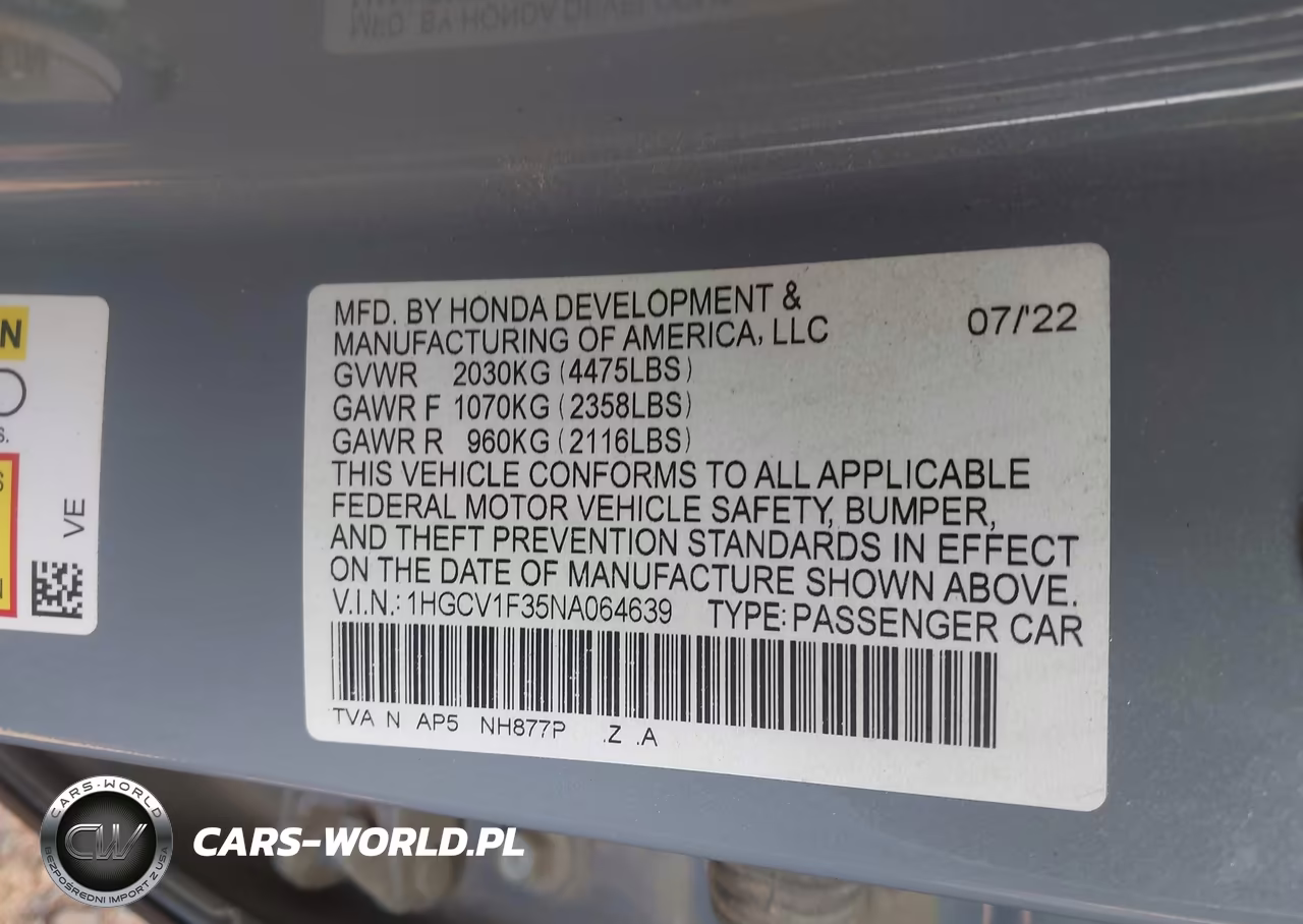 2022 Honda Accord Sport VIN:1HGCV1F35NA064639 - 9