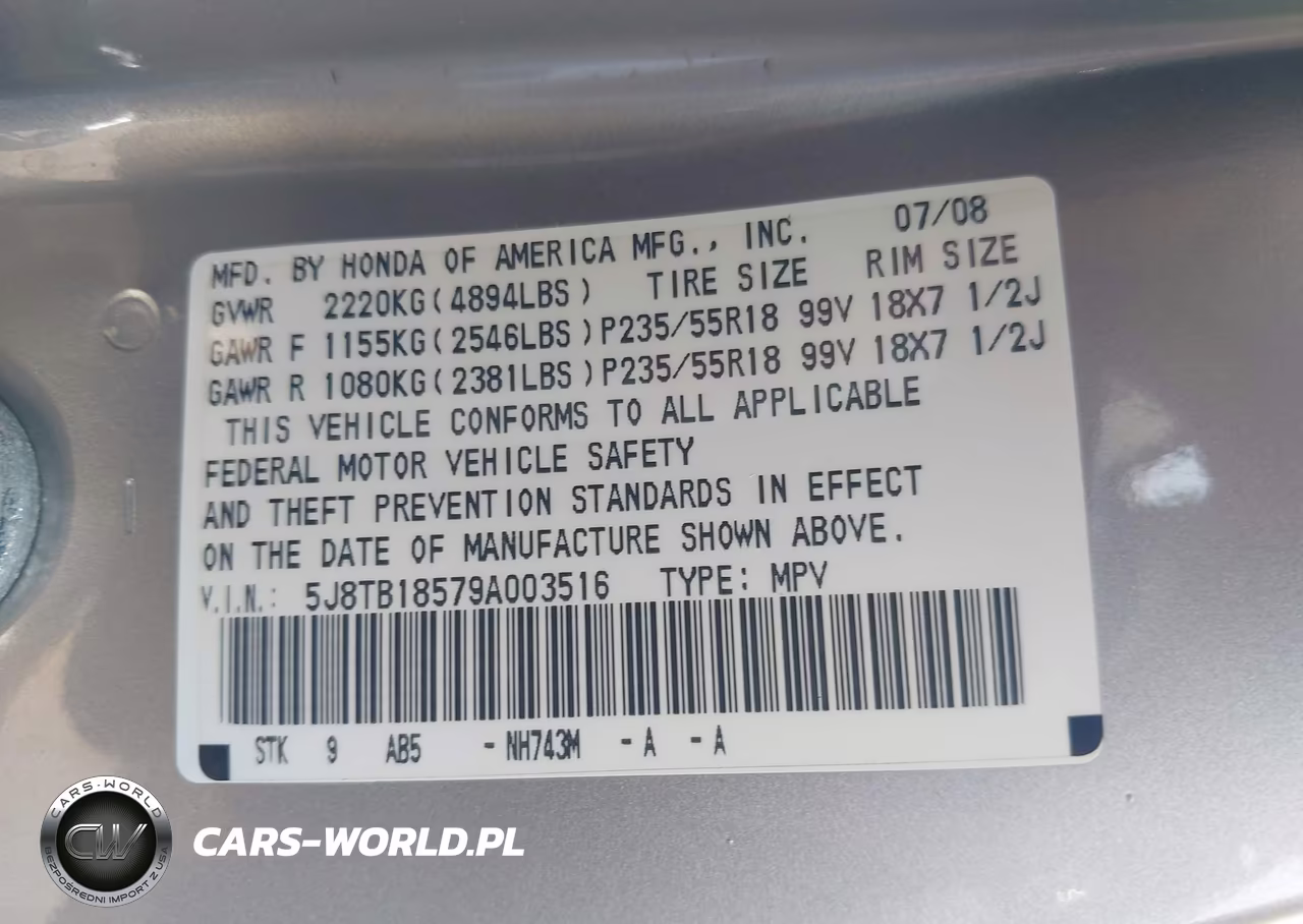 2009 Acura Rdx VIN:5J8TB18579A003516 - 9
