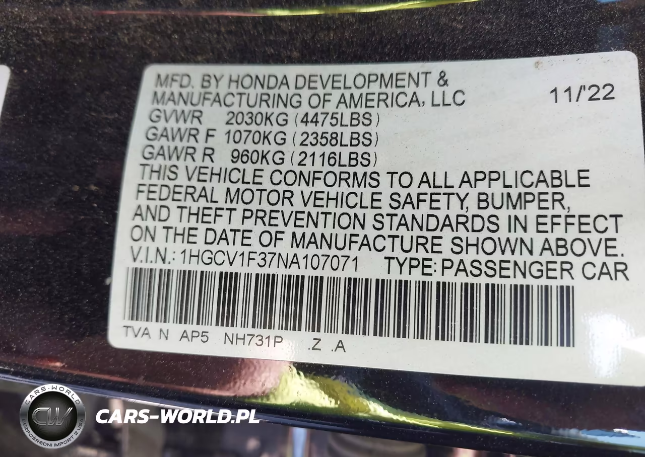 2022 Honda Accord Sport VIN:1HGCV1F37NA107071 - 9