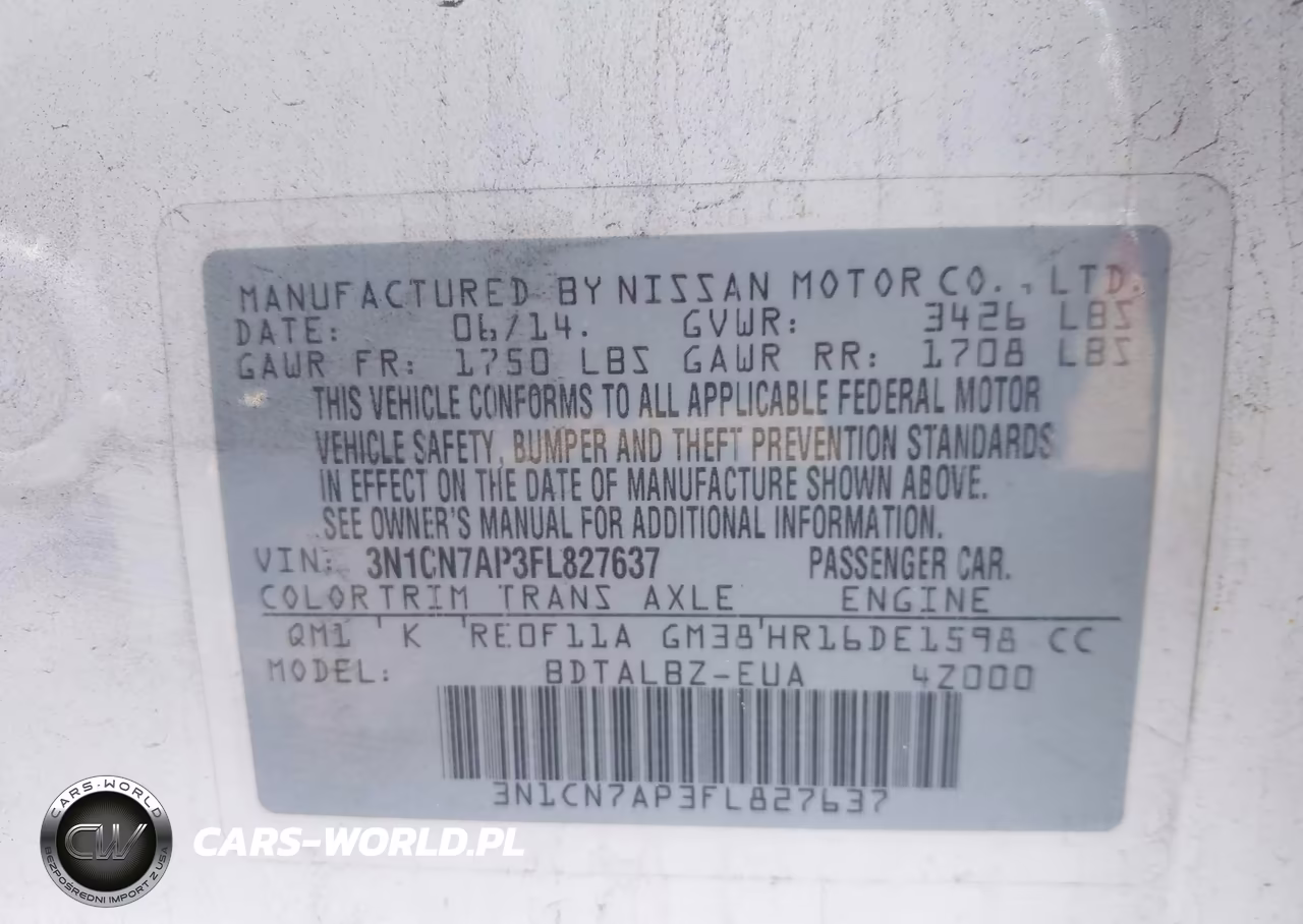 2015 Nissan Versa 1.6 S-1.6 S+-1.6 Sl-1.6 Sv VIN:3N1CN7AP3FL827637 - 9