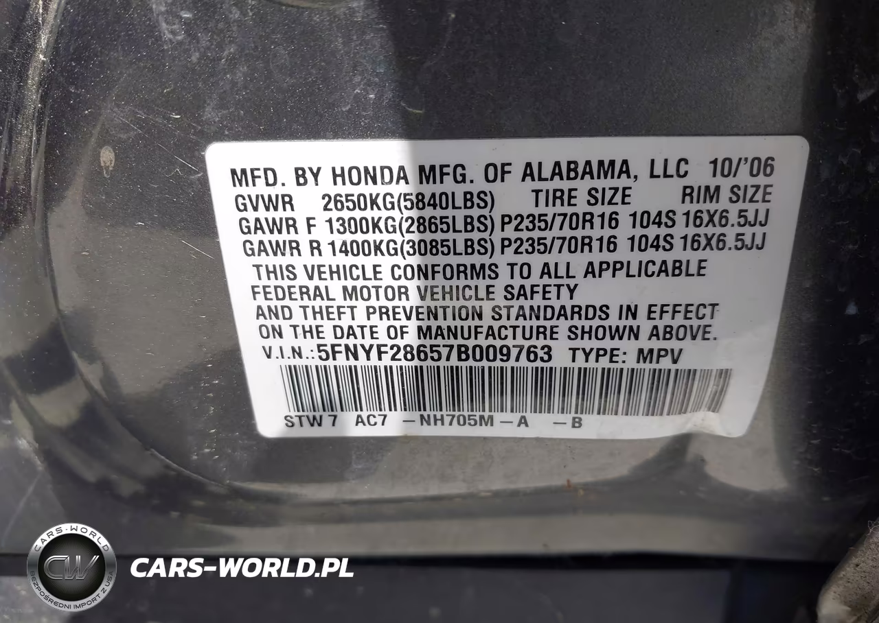 2007 Honda Pilot Ex-L VIN:5FNYF28657B009763 - 9