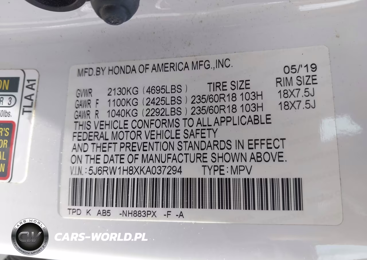 2019 Honda Cr-V Ex-L VIN:5J6RW1H8XKA037294 - 9