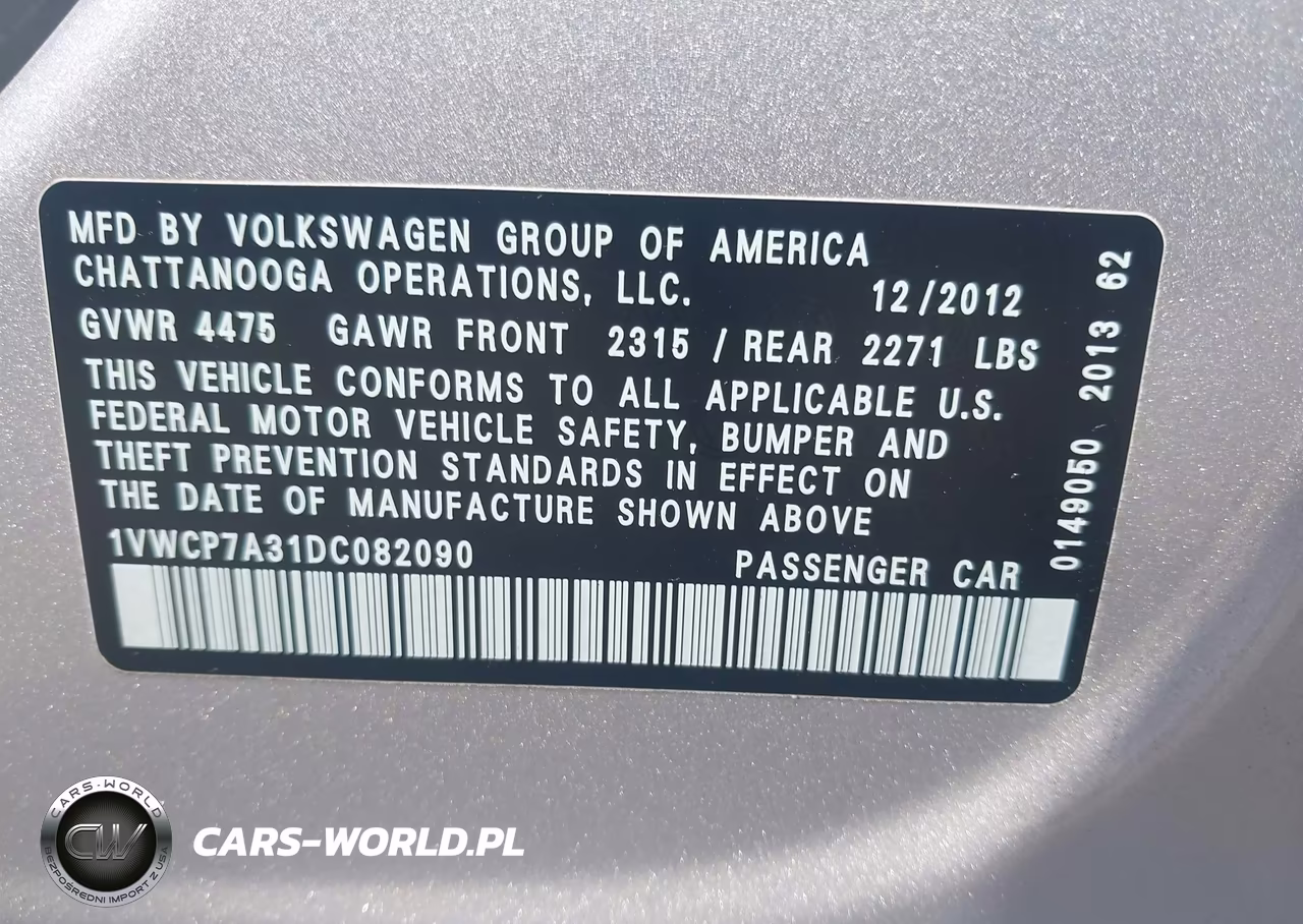 2013 Volkswagen Passat 2.5L Sel VIN:1VWCP7A31DC082090 - 9