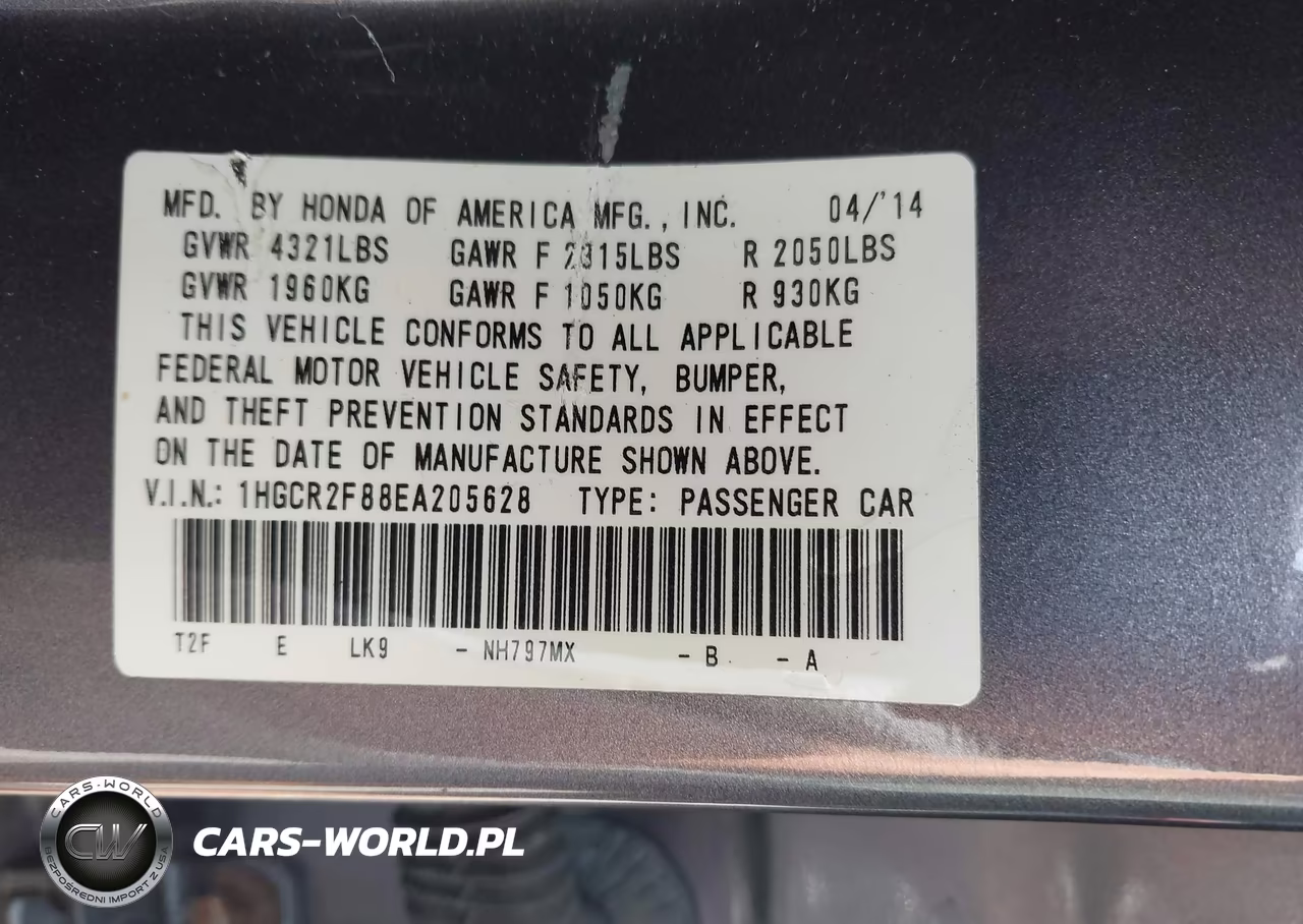 2014 Honda Accord Ex-L VIN:1HGCR2F88EA205628 - 9