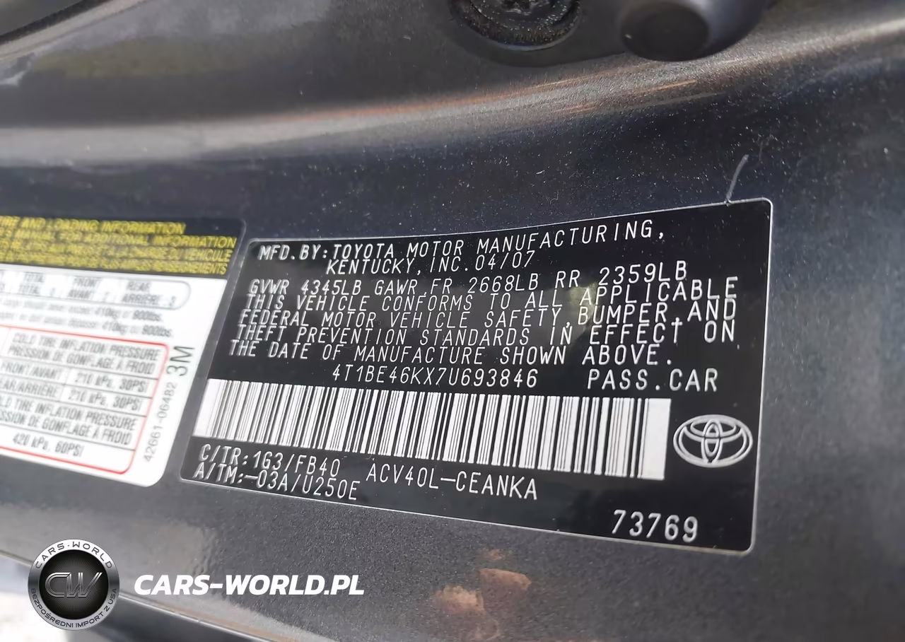 2007 Toyota Camry Le VIN:4T1BE46KX7U693846 - 9