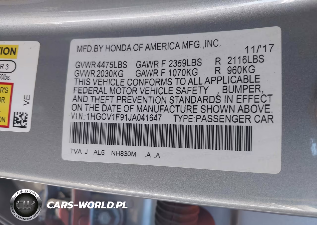 2018 Honda Accord Touring VIN:1HGCV1F91JA041647 - 9
