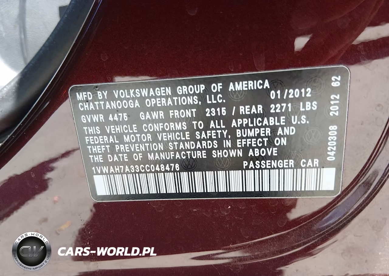 2012 Volkswagen Passat 2.5L S VIN:1VWAH7A33CC048476 - 9