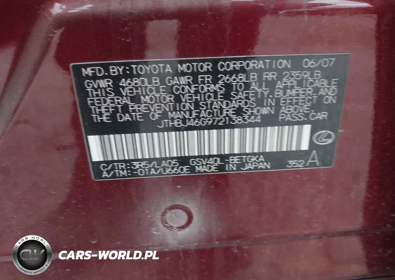 2007 Lexus Es 350 VIN:JTHBJ46G972138344 - 9
