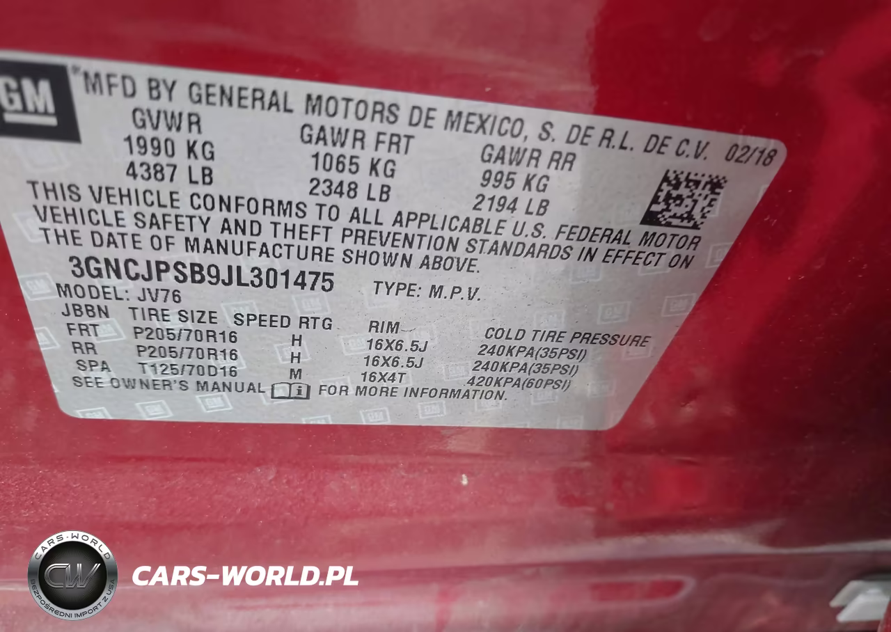 2018 Chevrolet Trax Lt VIN:3GNCJPSB9JL301475 - 9