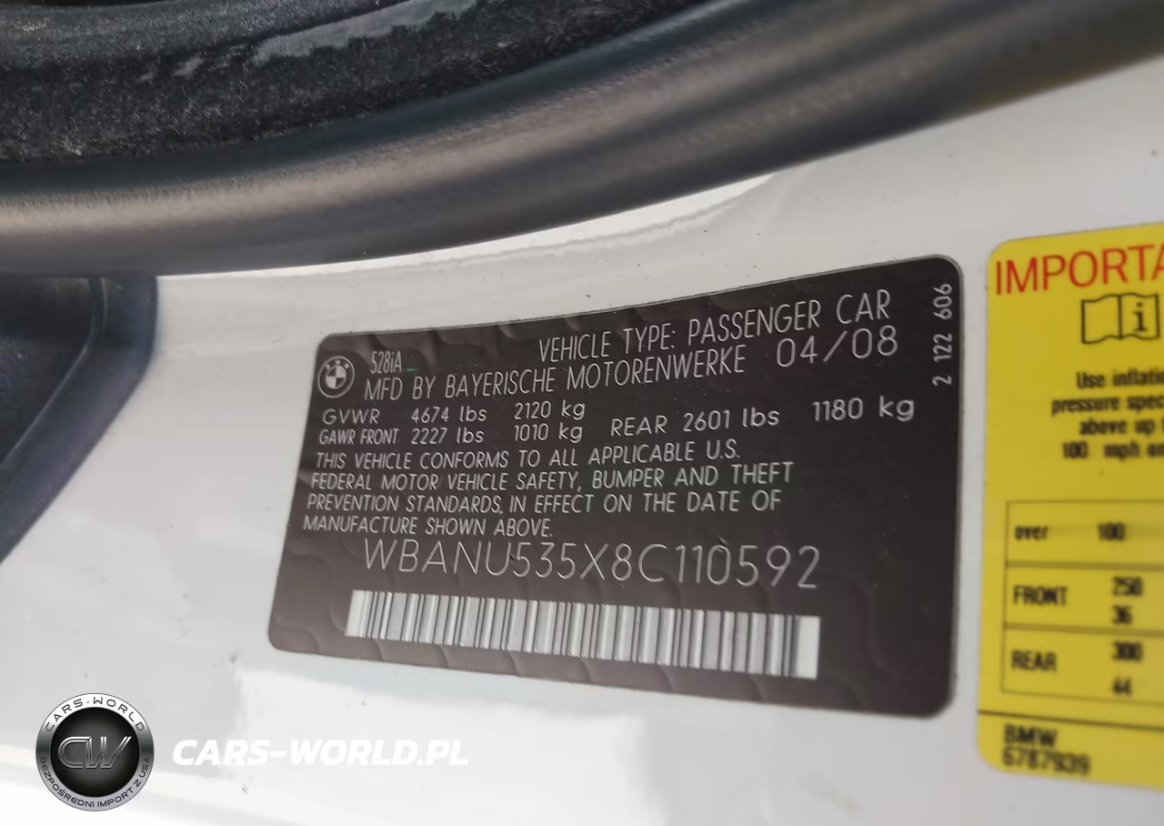 2008 BMW 528I VIN:WBANU535X8C110592 - 9