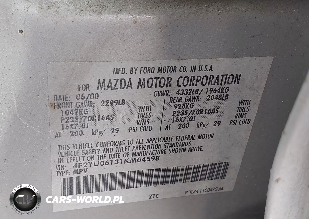 2001 Mazda Tribute VIN:4F2YU06131KM04598 - 9