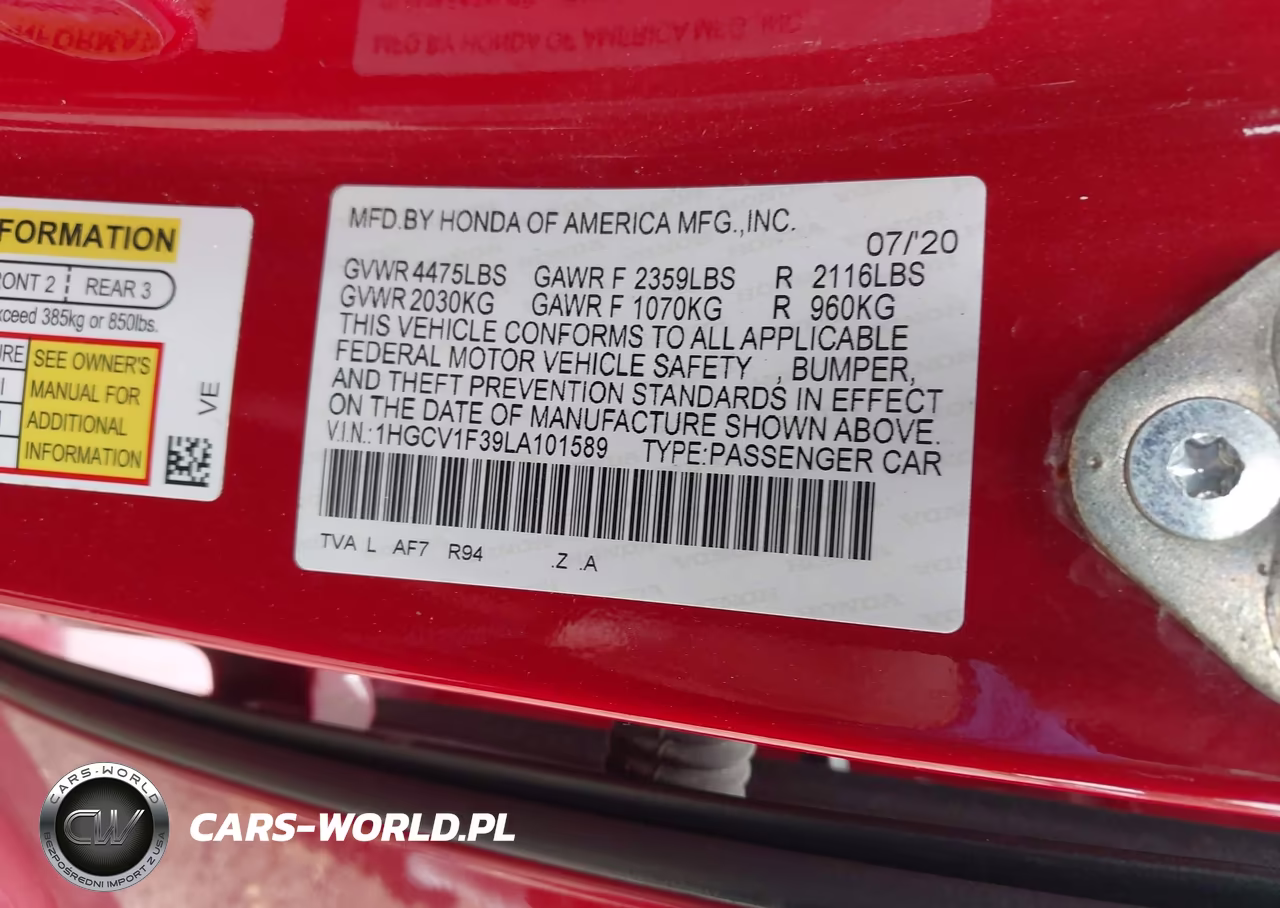 2020 Honda Accord Sport VIN:1HGCV1F39LA101589 - 9