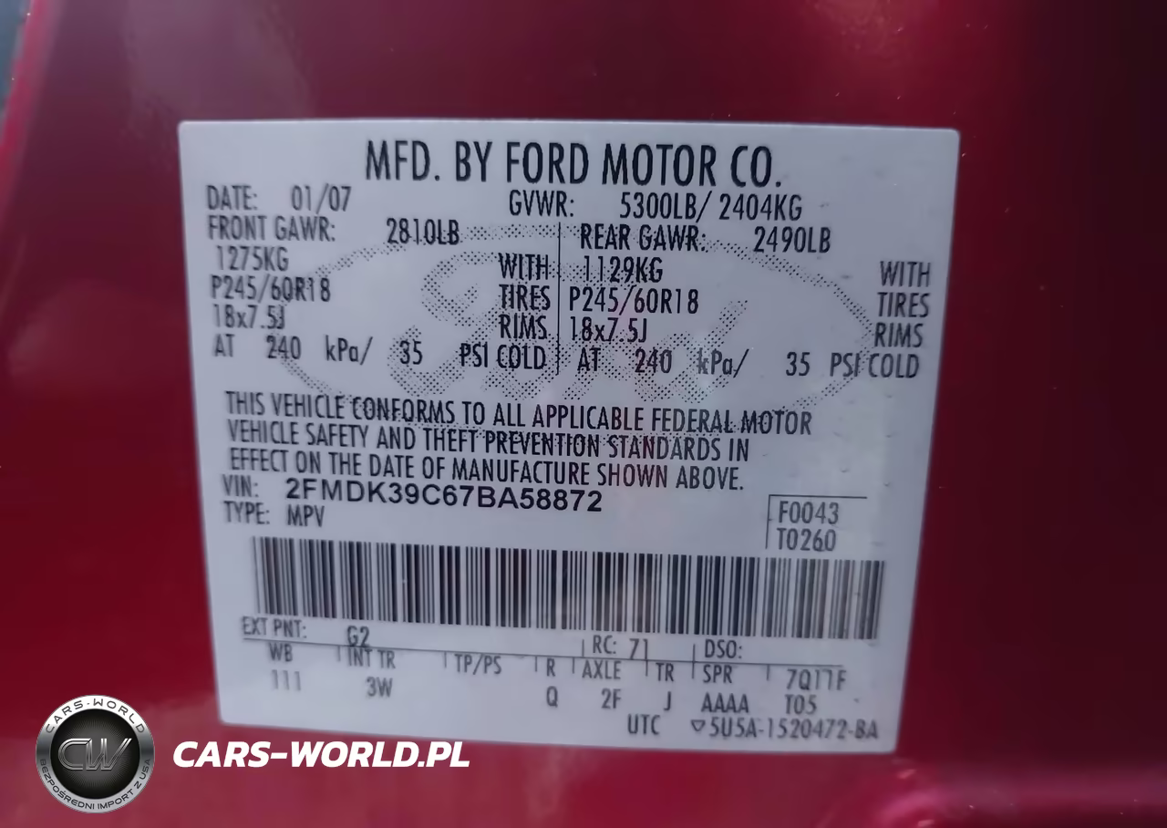2007 Ford Edge Sel Plus VIN:2FMDK39C67BA58872 - 9