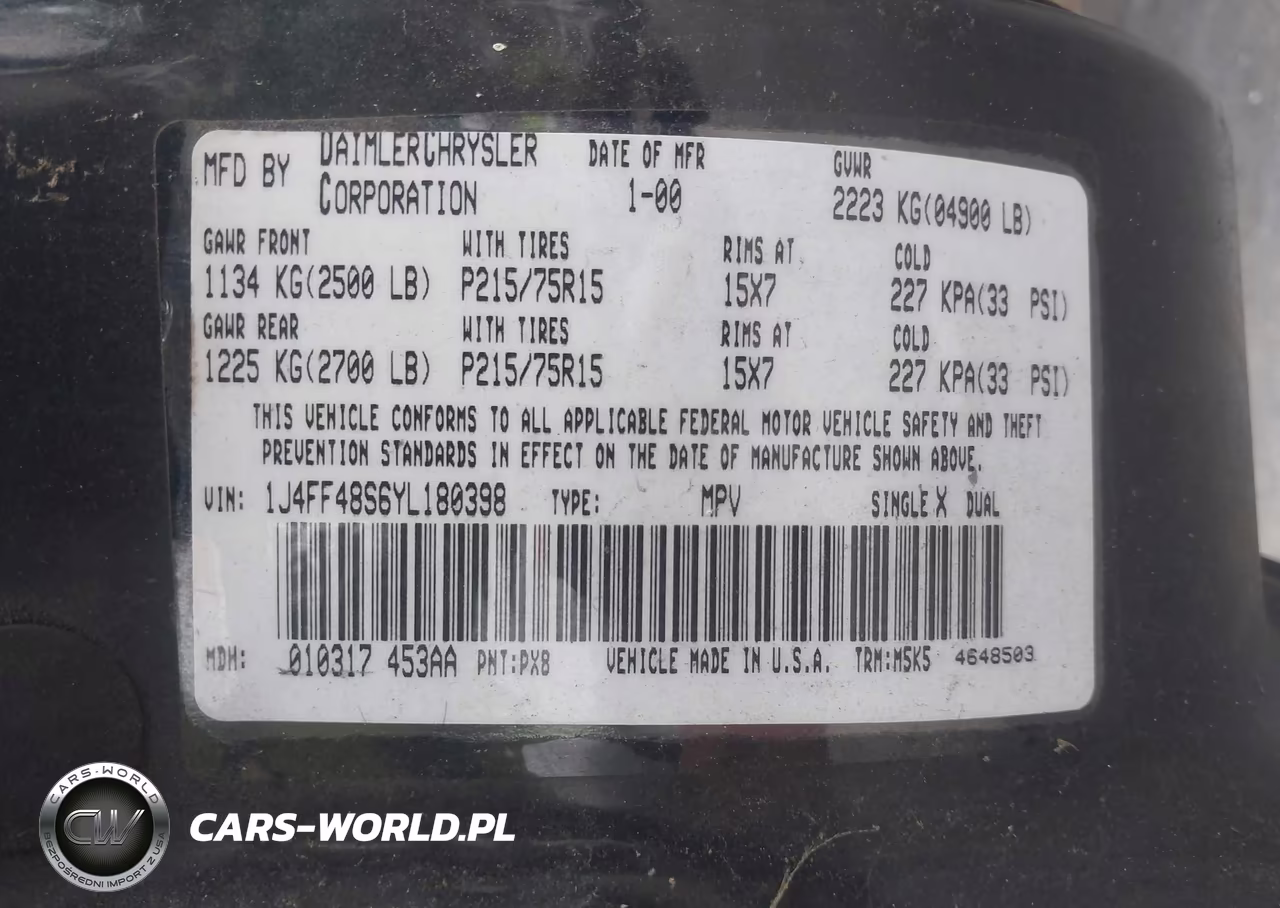 2000 Jeep Cherokee Sport VIN:1J4FF48S6YL180398 - 9