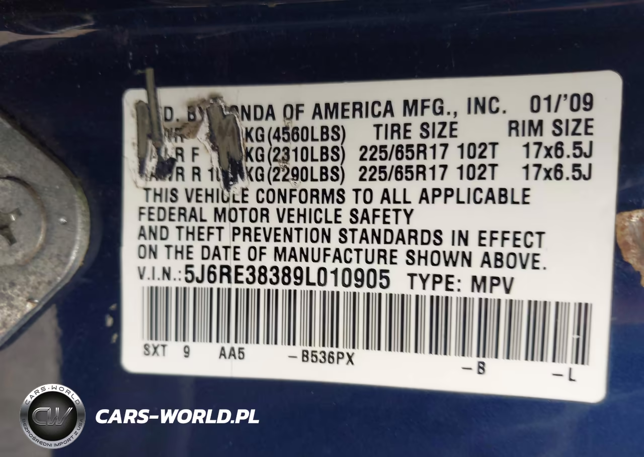 2009 Honda Cr-V Lx VIN:5J6RE38389L010905 - 9