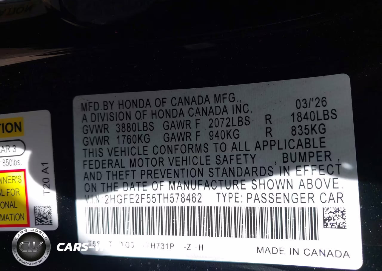 2026 Honda Civic Sport VIN:2HGFE2F55TH578462 - 9
