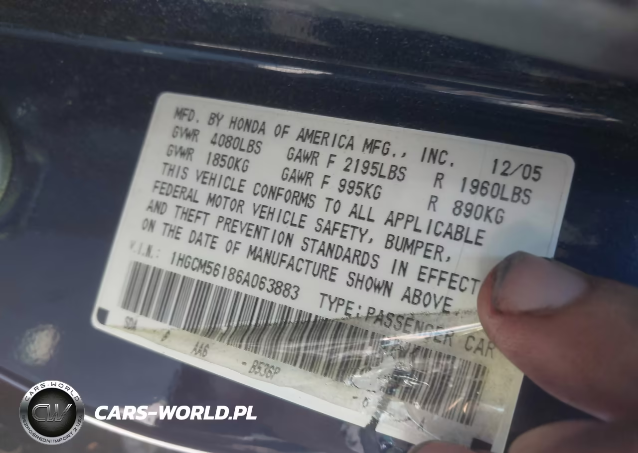 2006 Honda Accord 2.4 Vp VIN:1HGCM56186A063883 - 9