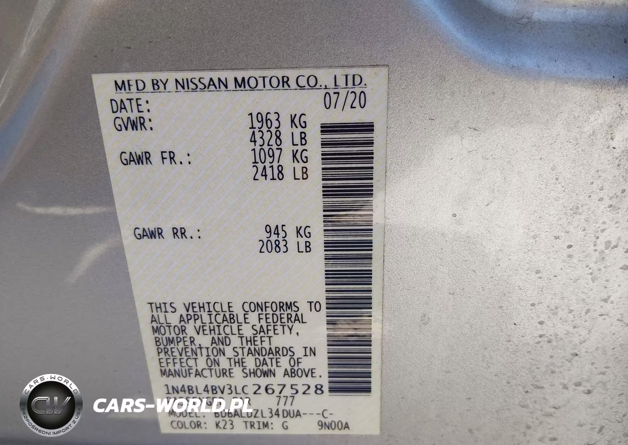 2020 Nissan Altima S Fwd VIN:1N4BL4BV3LC267528 - 9