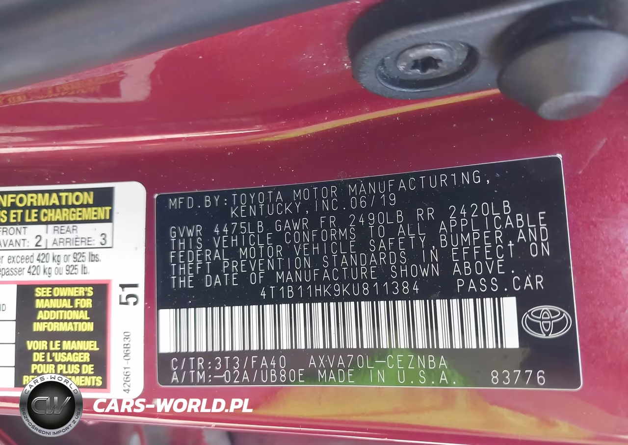 2019 Toyota Camry Le VIN:4T1B11HK9KU811384 - 9