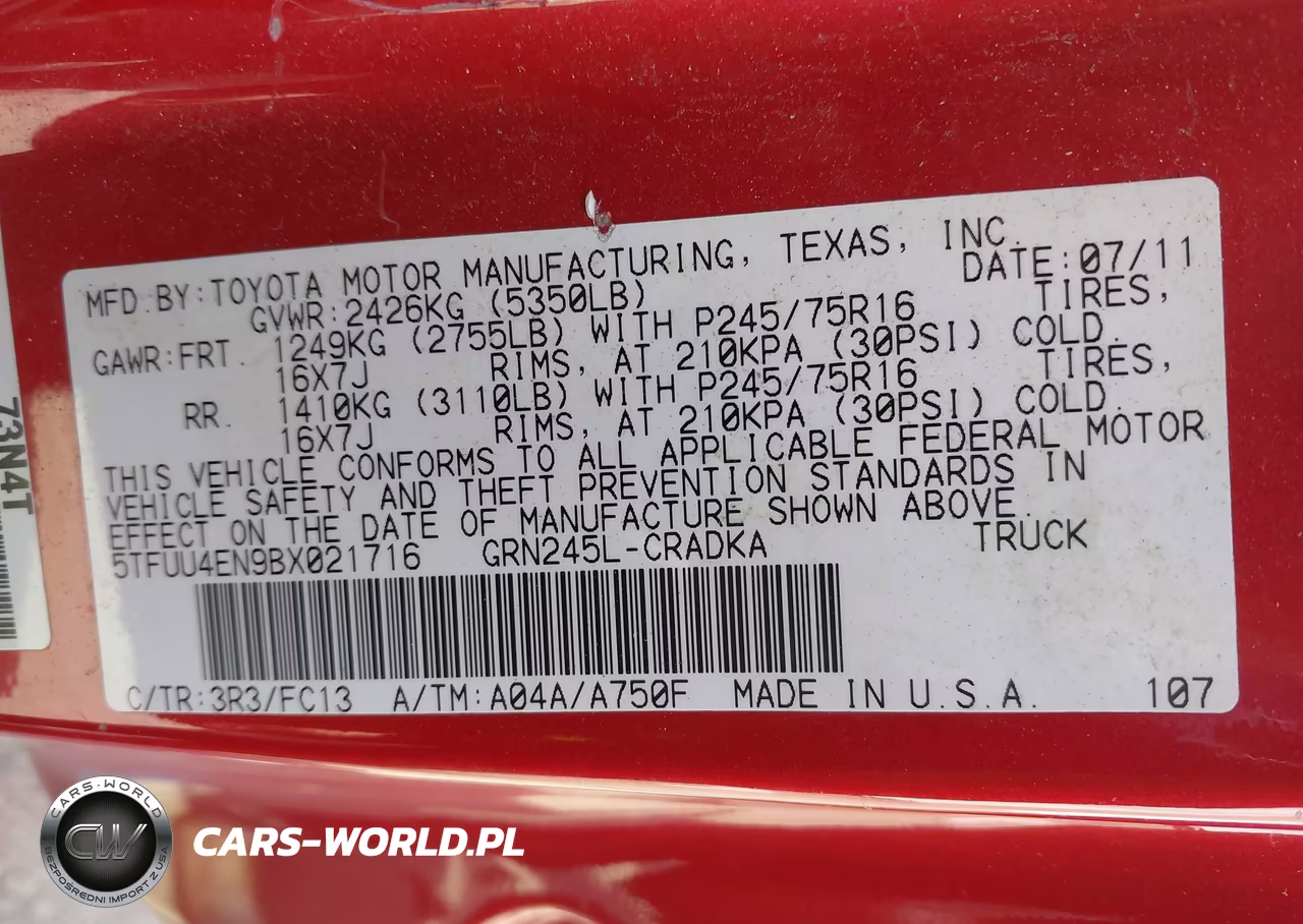 2011 Toyota Tacoma Base V6 VIN:5TFUU4EN9BX021716 - 9