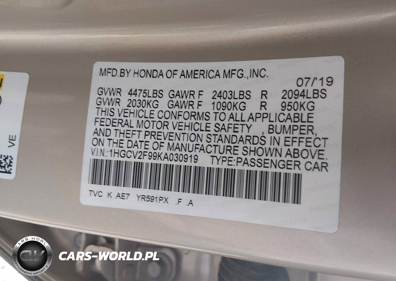 2019 Honda Accord Touring 2.0T VIN:1HGCV2F99KA030919 - 9