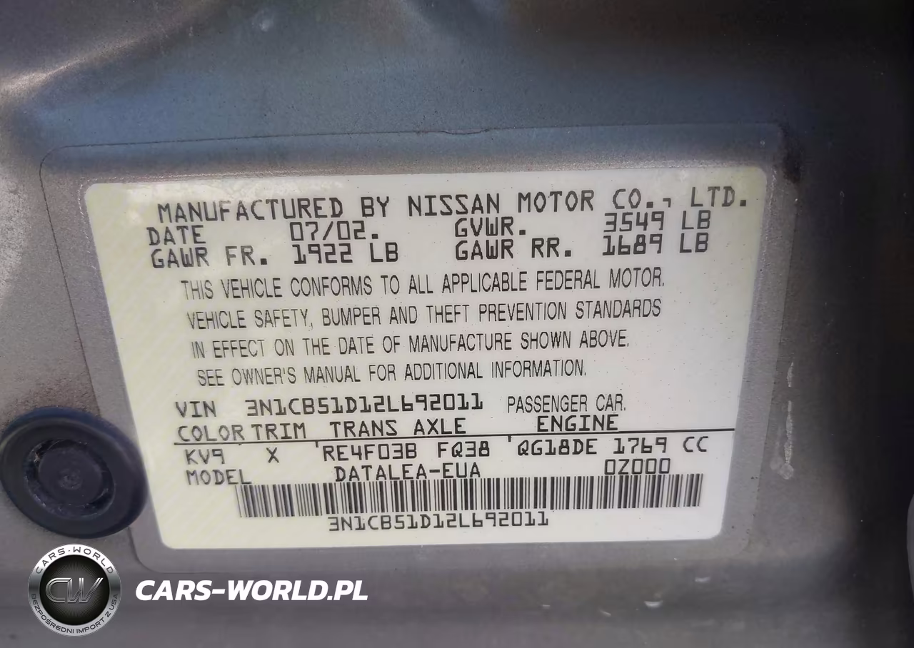 2002 Nissan Sentra Gxe VIN:3N1CB51D12L692011 - 9